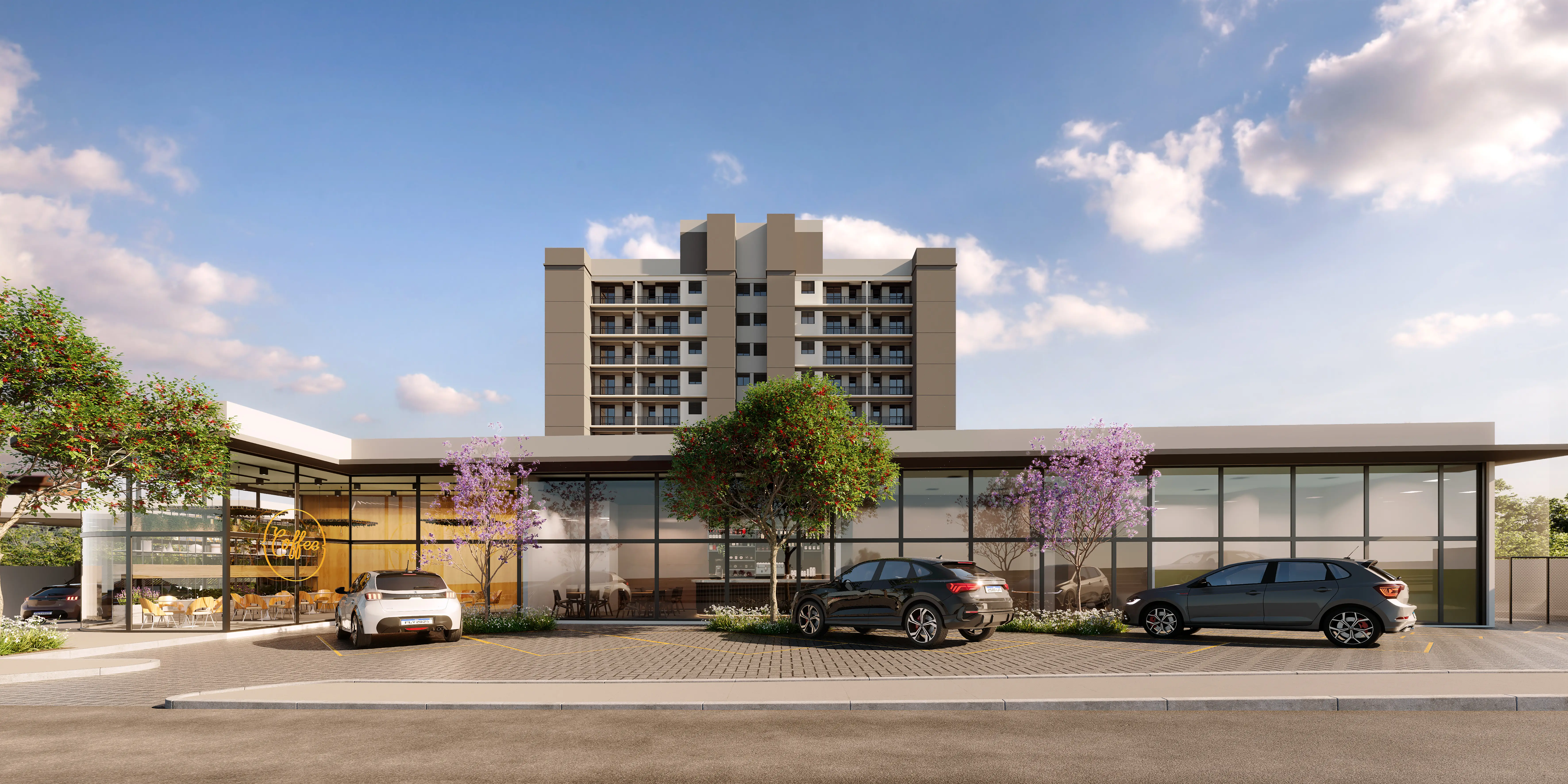 Residencial Solaris - Fachada moderna com jardins integrados